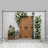 Lofaris Sweet Floral Wooden Door White Brick Wedding Backdrop